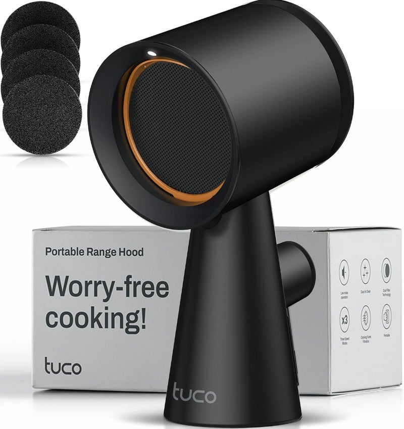 TuCo Portable Range Hood, Desktop Kitchen Exhaust Fan with 3 Speeds, Triple Filter Polymer, Aluminum & Carbon, Low Noise, Oil Collection Cup, Smoke Air Purifier for Indoor BBQ, Hot Pot and RV Kitchens - Image 1
